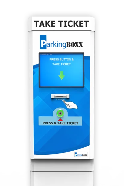 Parking BOXX parking kiosk installed at surface lot entrance